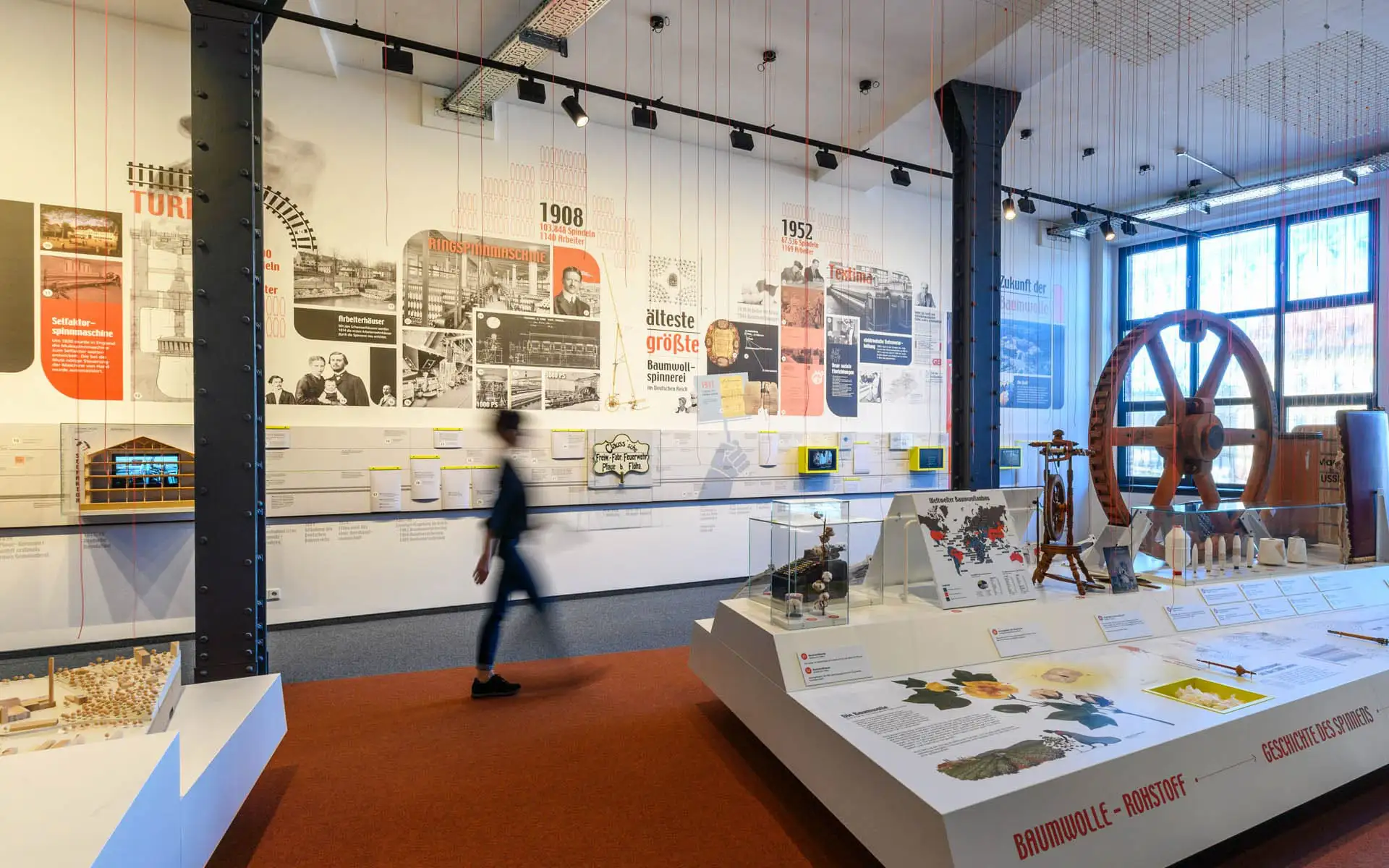 Ausstellungsraum zur Geschichte der Baumwollspinnerei mit Zeitwand, Vitrinen und großem Antriebsrad