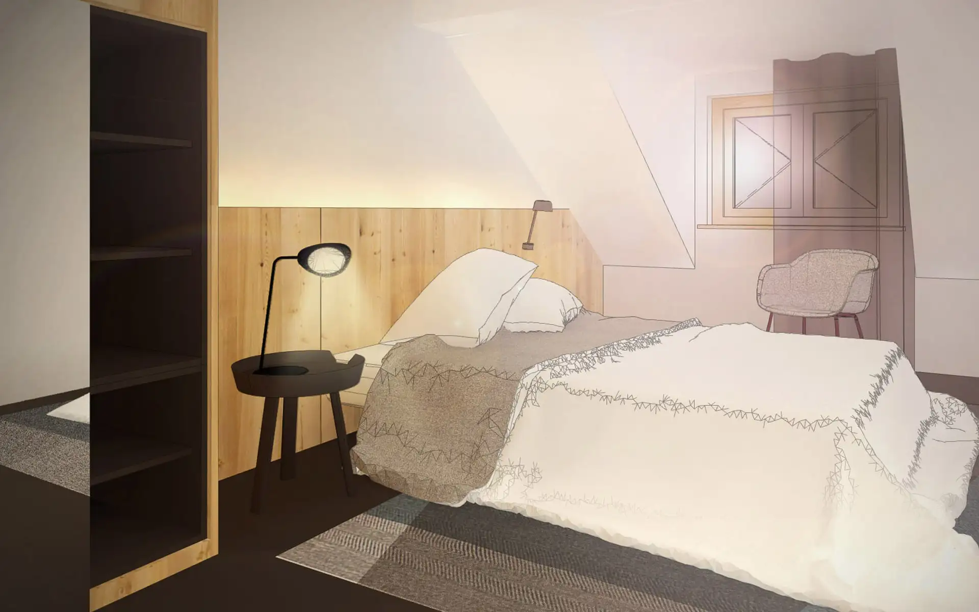 Visualisierung eines Hotelzimmers mit Holzbett, Nachttischlampe und Sessel vor dem Fenster.