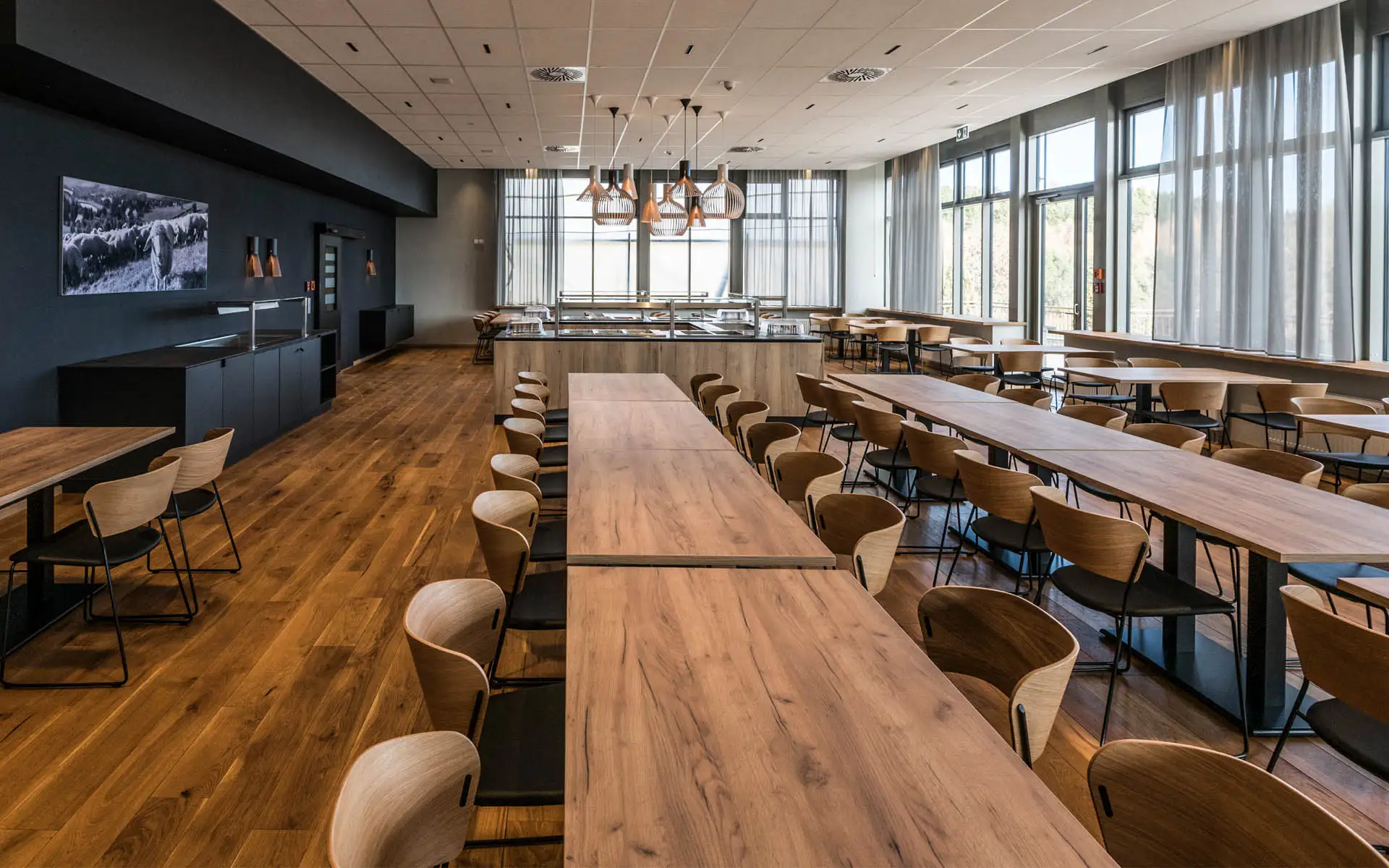 Heller Speisesaal mit langen Holztischen, modernen Stühlen und großen Fensterflächen.