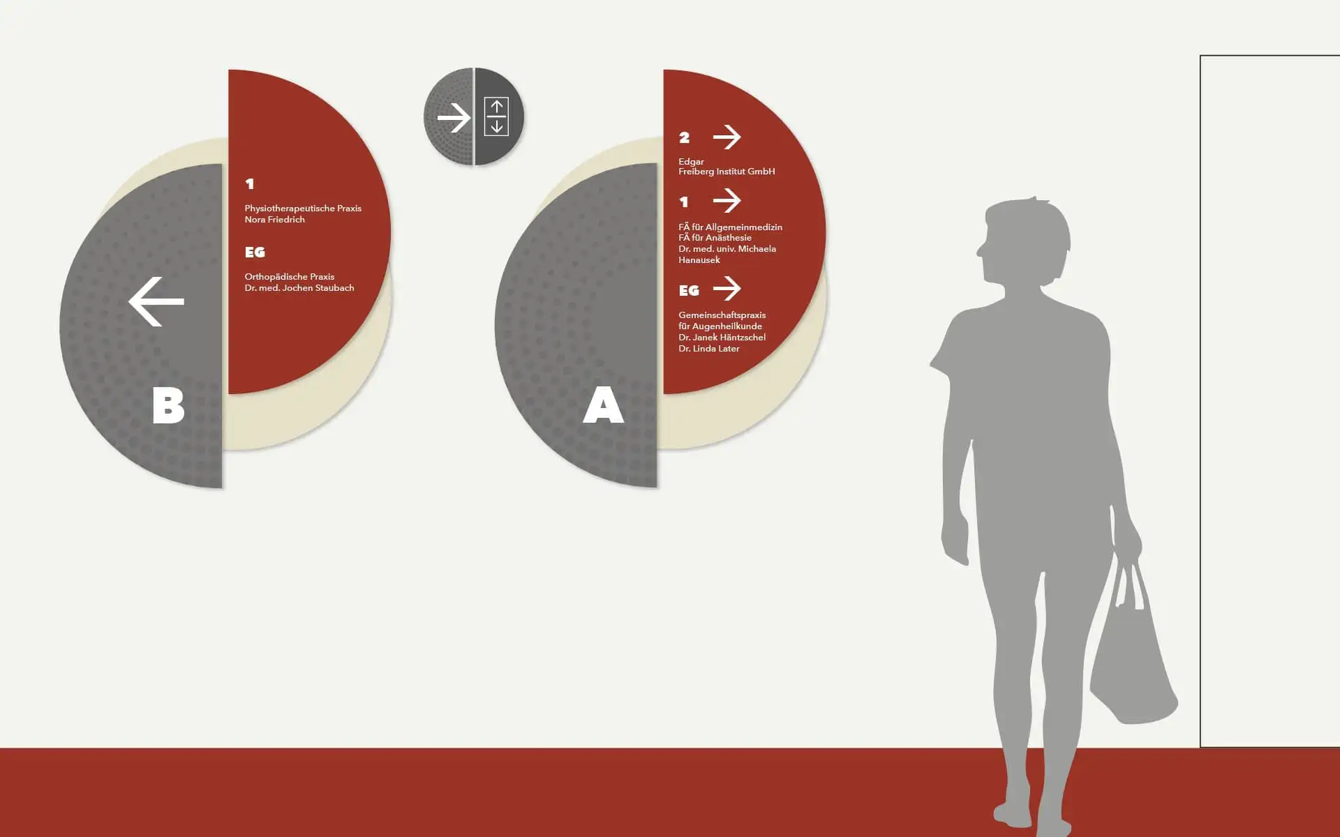 Grafische Darstellung des Roten Wegs in Freiberg mit farbigen Kreis- und Pfeilsymbolen.
