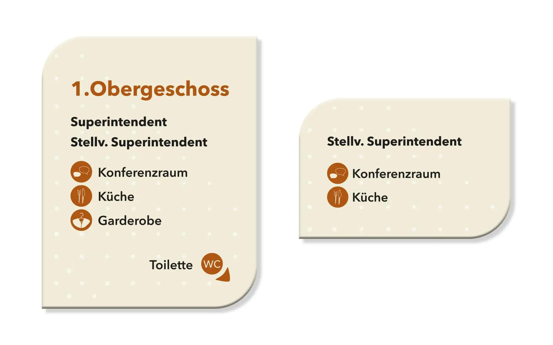Übersichtstafel für das erste Obergeschoss der Superintendentur Zwickau mit Piktogrammen für Räume und Funktionen.