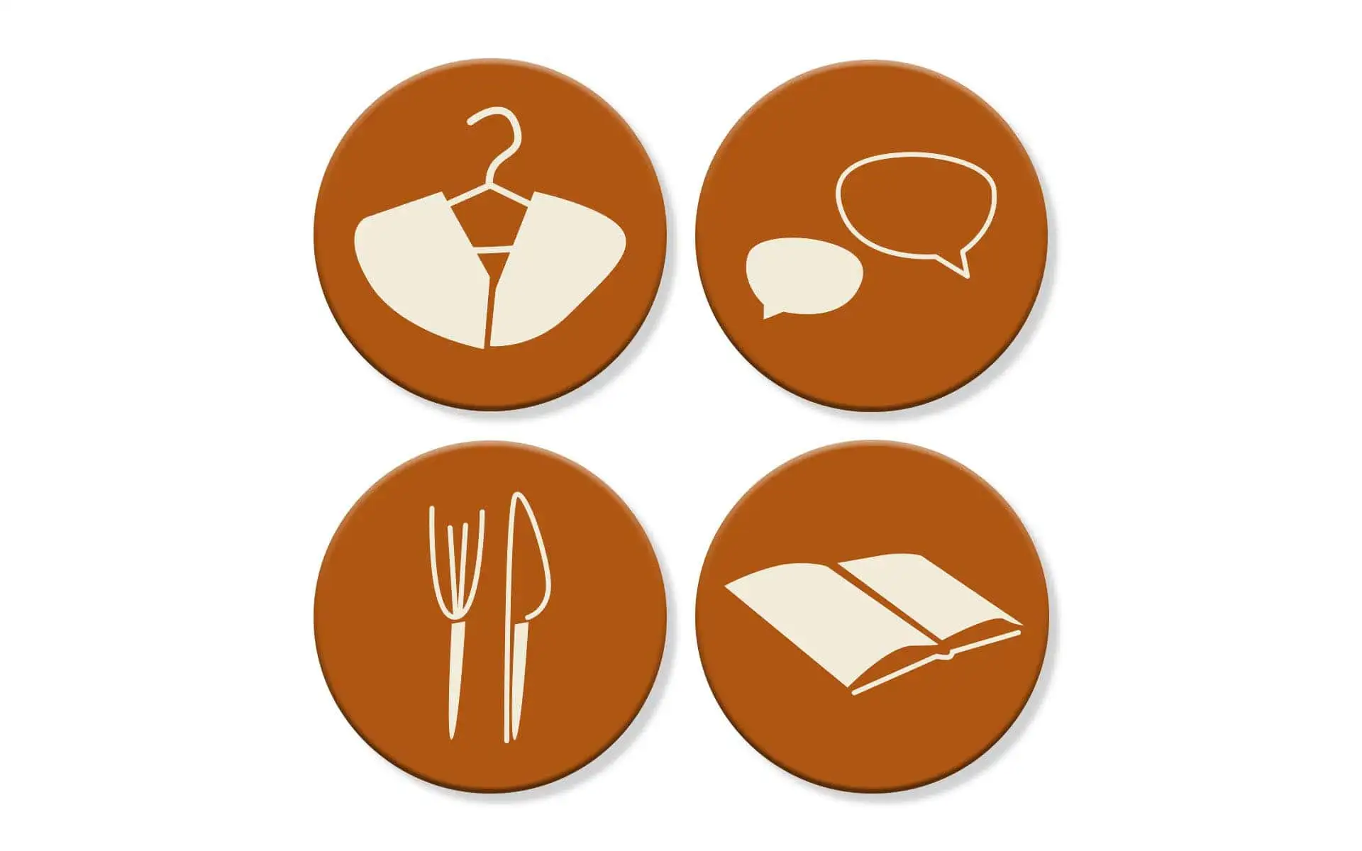 Piktogrammset der Superintendentur Zwickau, darunter Garderobe, Konferenzraum, Küche und Buchsymbol.