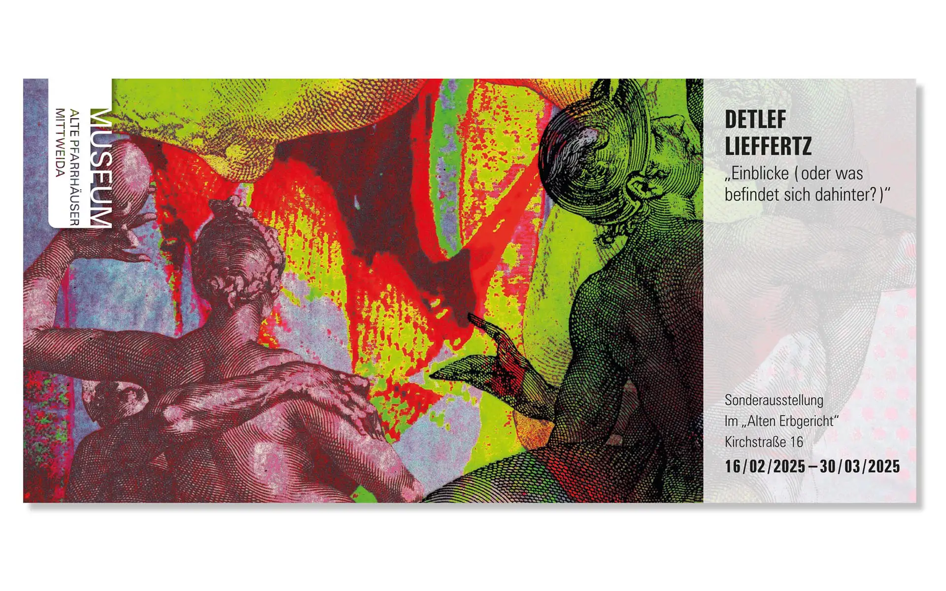 Plakatmotiv zur Sonderausstellung „Detlef Lieffertz“ mit farbintensiver Grafik und Figurendarstellung, rechts Textfeld mit Daten.