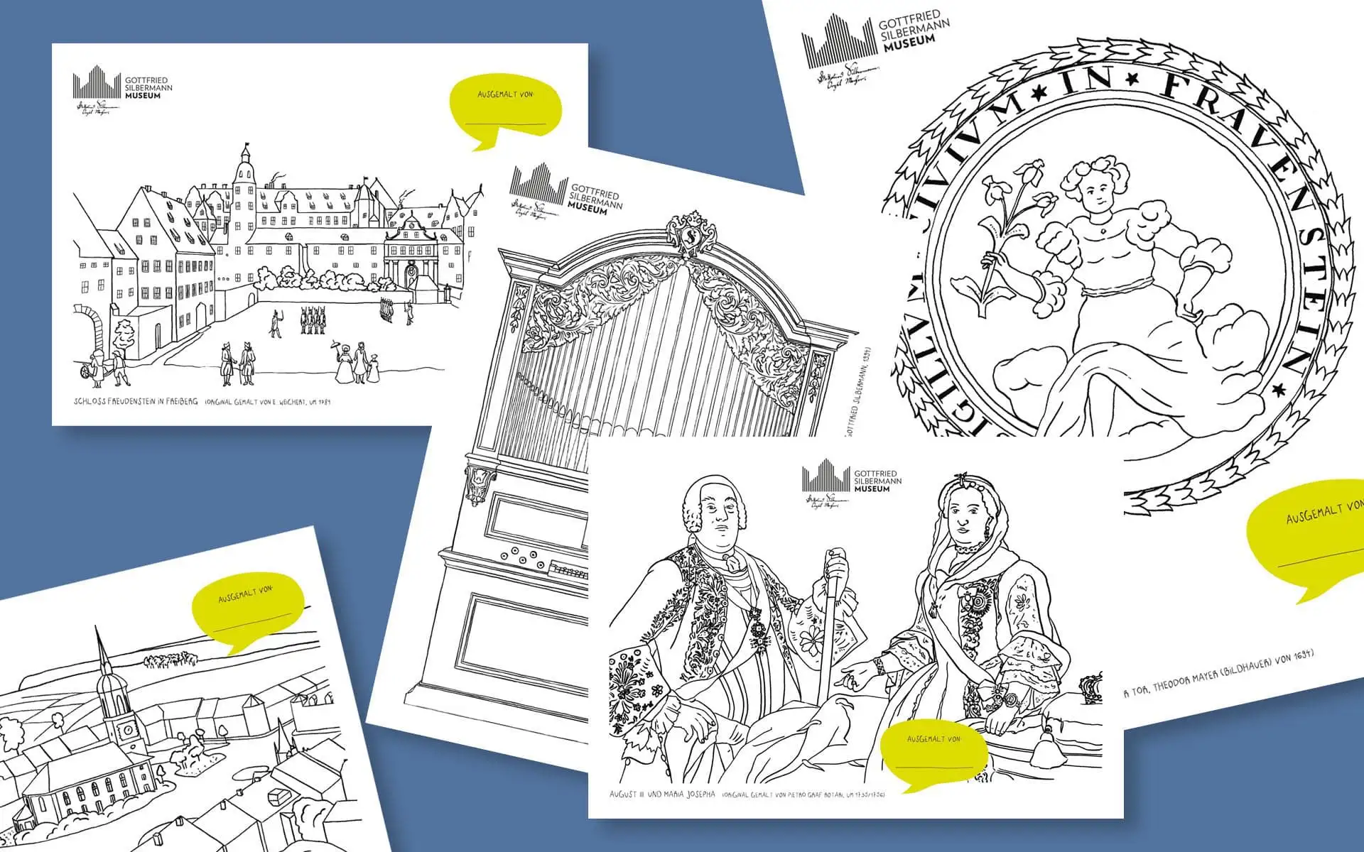 Illustrative Druckgrafiken des Museums Silbermann mit historischen Figuren, Orgelmotiven und feiner Linienzeichnung.