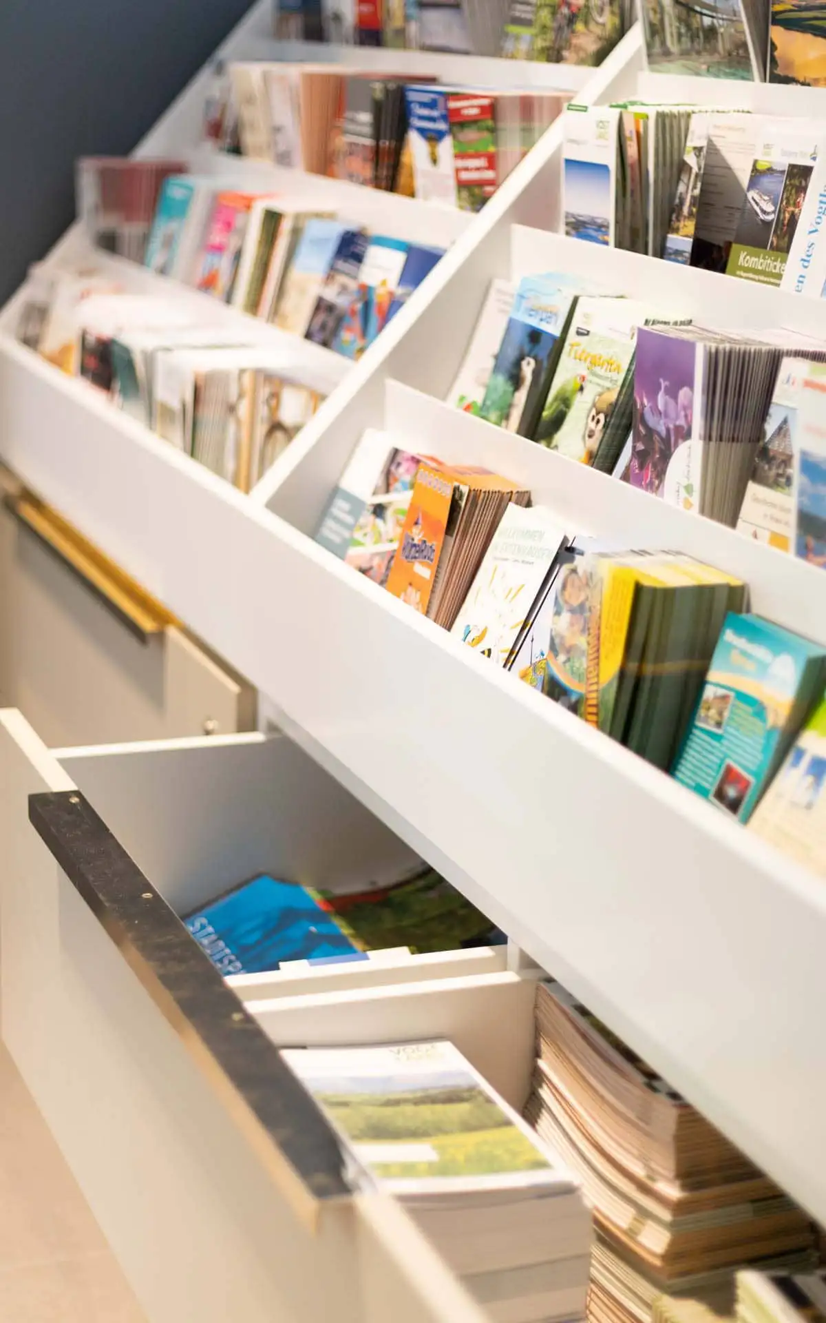 Schräges Prospektregal mit vielen Flyern; darunter offene Schublade mit Broschürenstapeln.